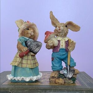 Charming Bunny Figurines with Garden Tools